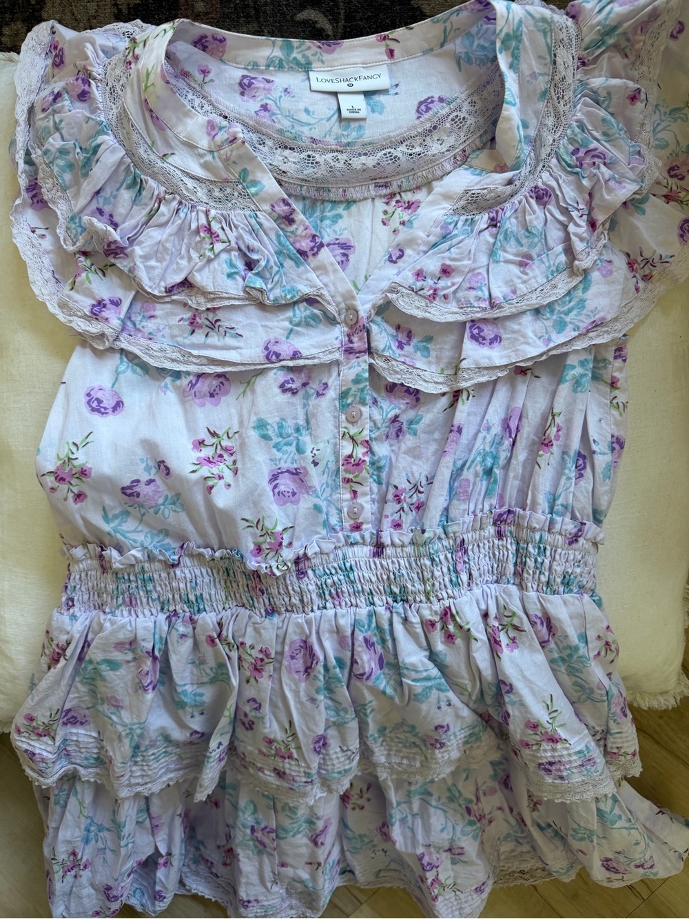 LoveShackFancy Lavender Floral Ruffle Mini Dress Size Large Cottagecore - Picture 5 of 8